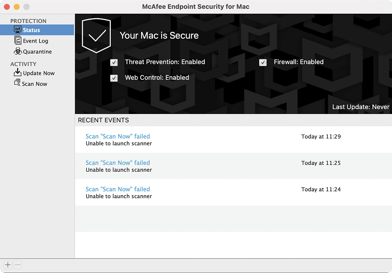The main screen of McAfee Endpoint Security for Mac