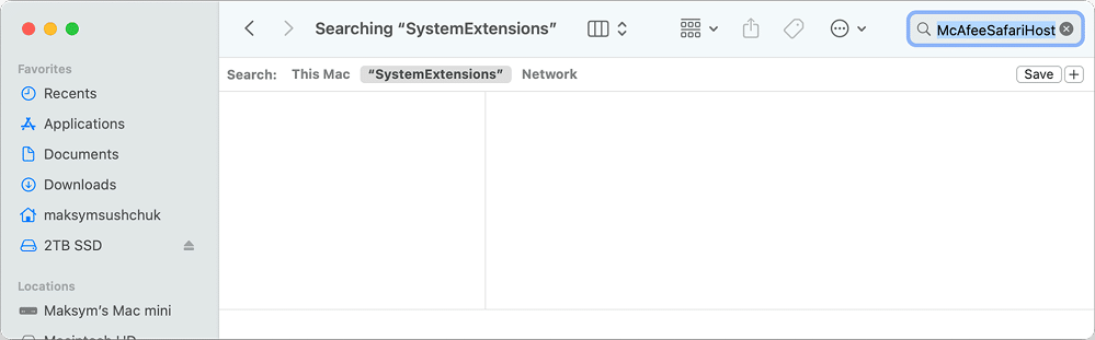 Looking for McAfeeSafariHost in the SystemExtensions folder
