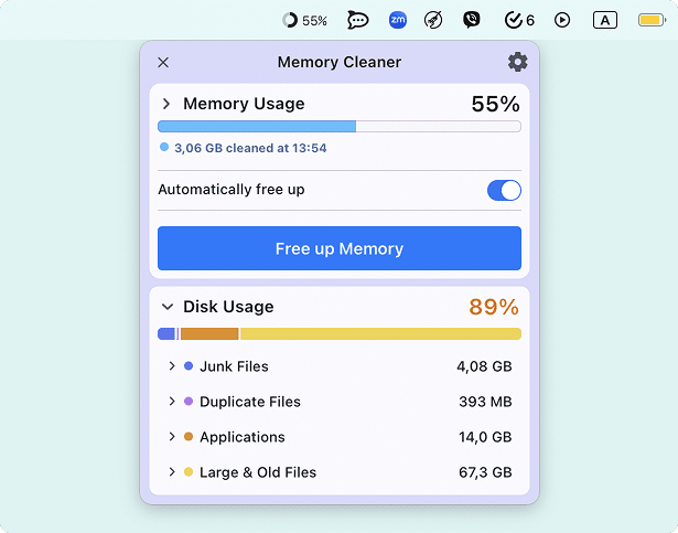 Memory Cleaner window in the menu bar