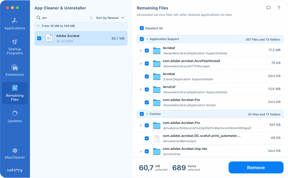 Files remaining after the official uninstallation of Adobe Acrobat