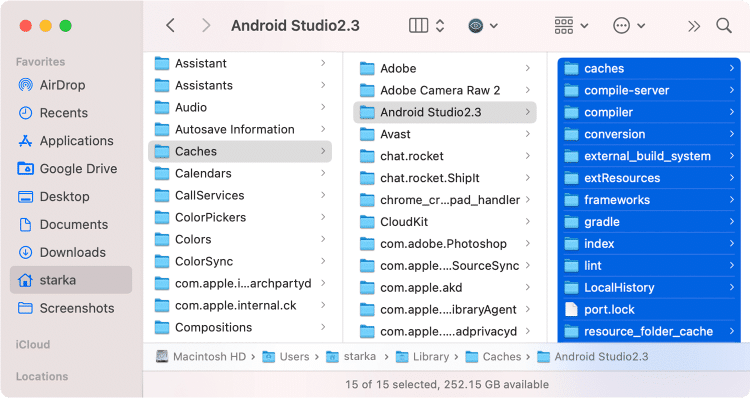 Library folder with the Android Studio cache files highlighted