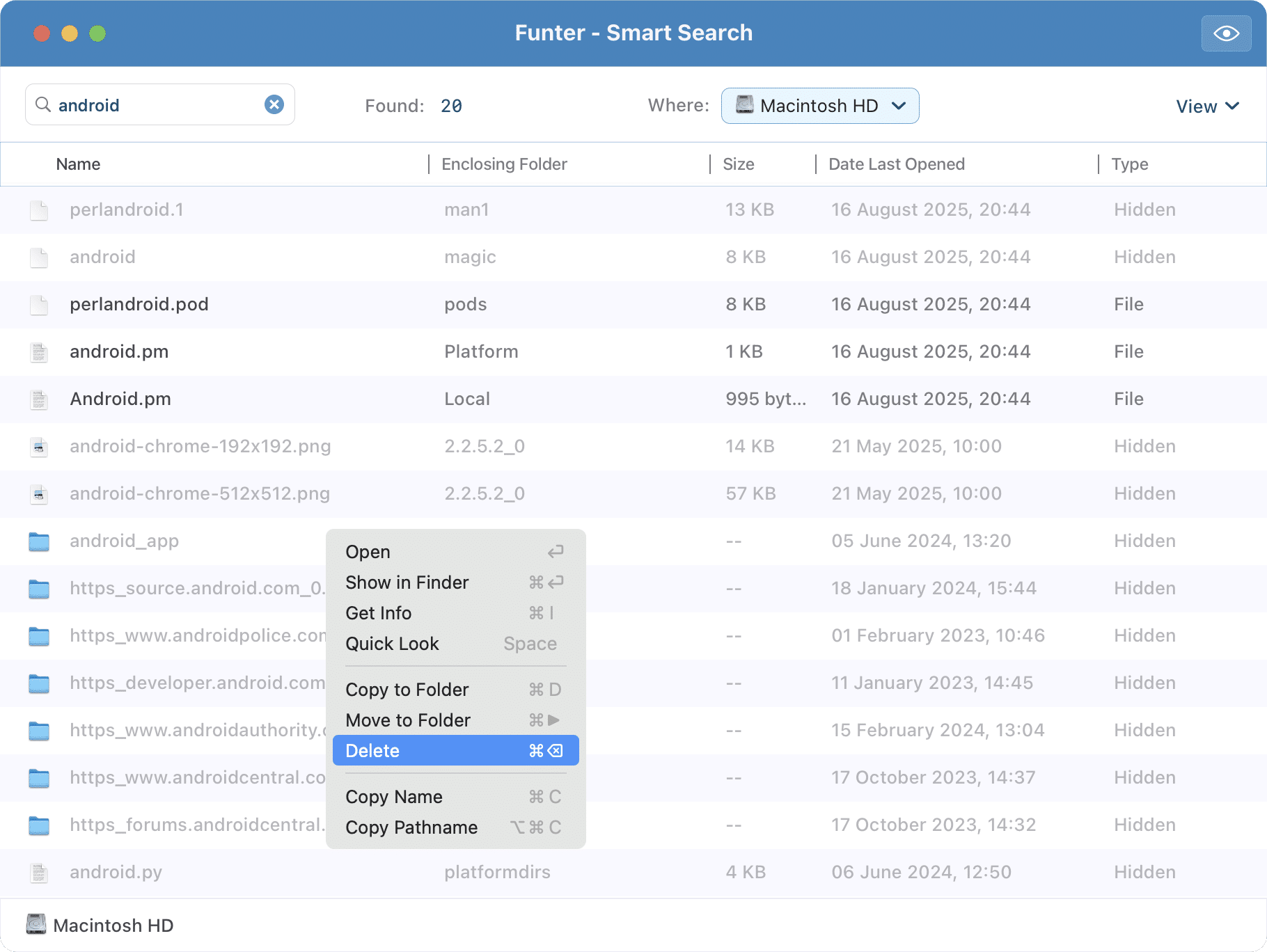 Funter window showing Android Studio hidden files