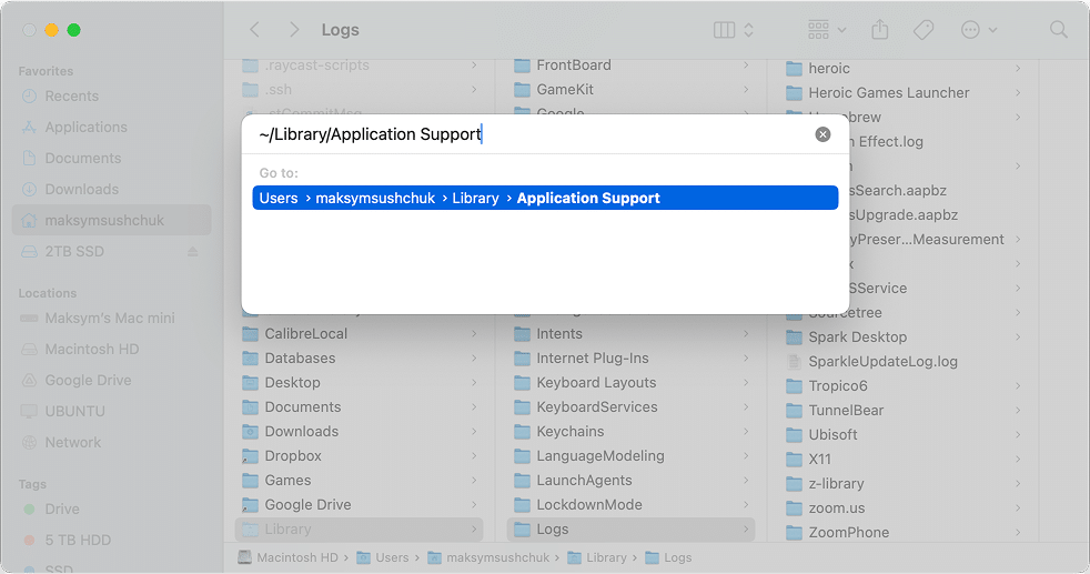 Opening a folder via the Finder's Go to dialogue