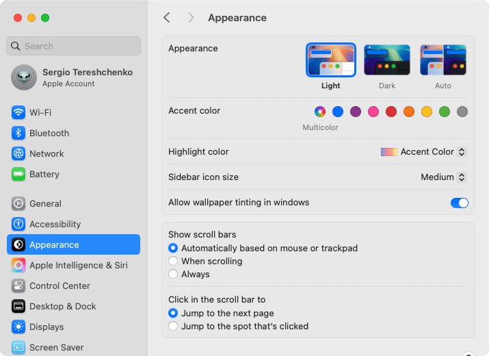 Appearance tab in System Settings