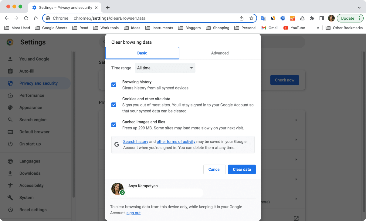 Chrome settings showing how to clear cache