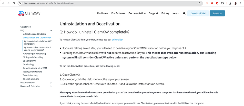 the official ClamXAV web page with uninstallation