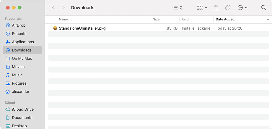 the ClamXAV uninstaller in the Downloads folder