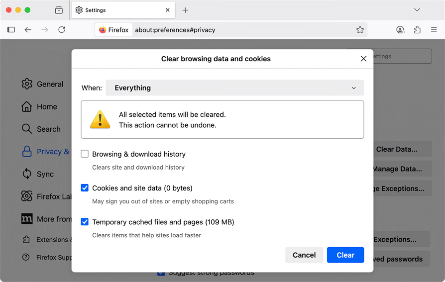 Deleting browsing data window in Firefox
