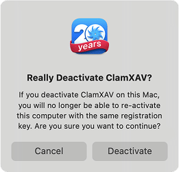 the deactivation confirmation dialog in ClamXAV