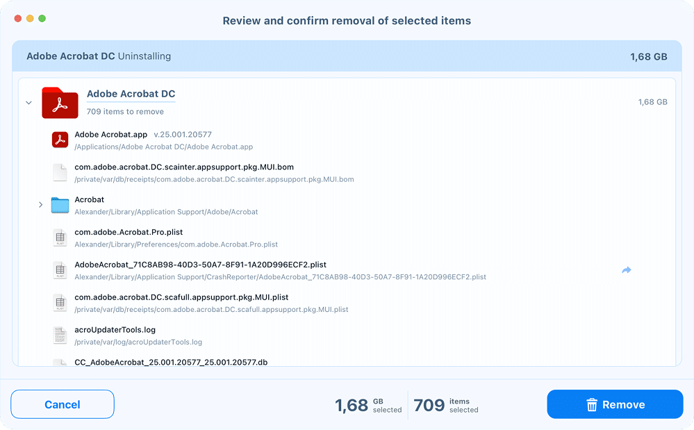 the removal review window for Adobe Acrobat in App Cleaner & Uninstaller