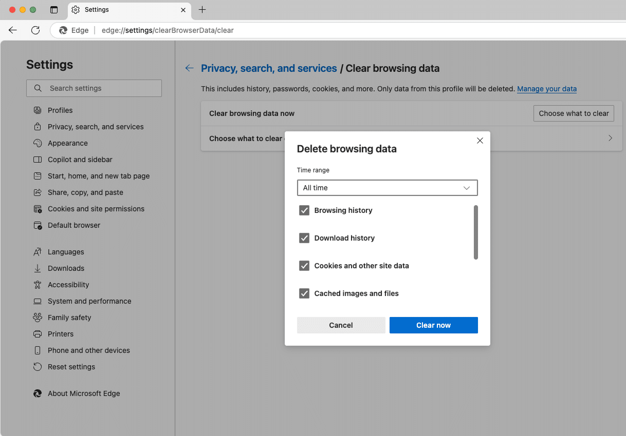delete browsing data window in Edge