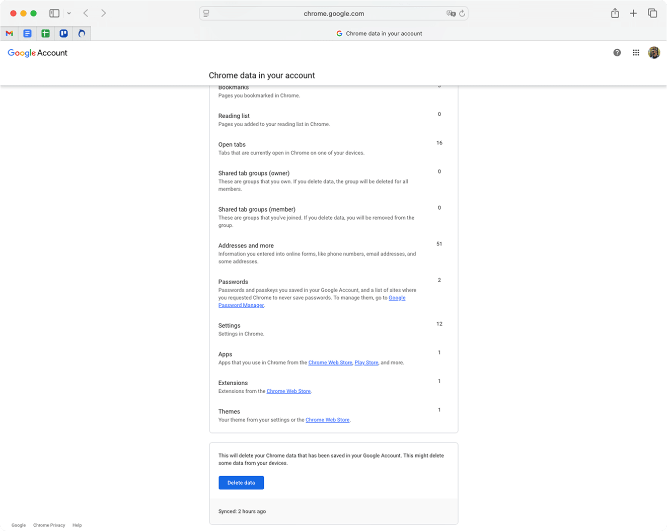 Chrome sync data in Google account