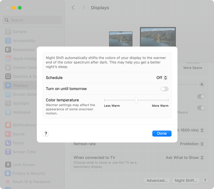 Night Shift window in Displays tab in System Settings