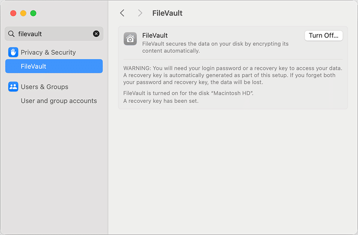 the FileVault settings in macOS