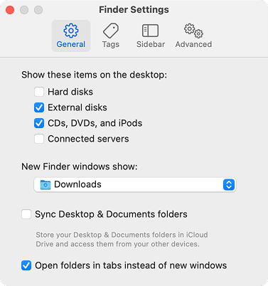 General tab in Finder Settings