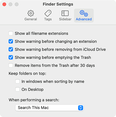 Advanced tab in Finder Settings