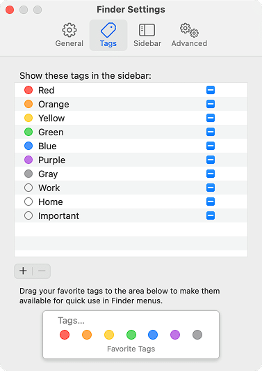 Tags tab in Finder Settings