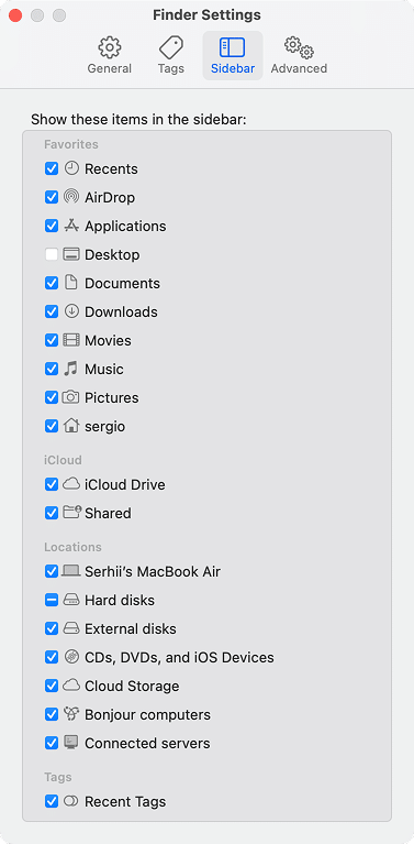 Sidebar tab in Finder Settings