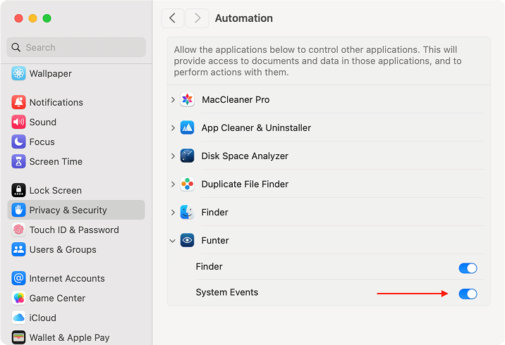 System Settings window showing Funter in Automation section