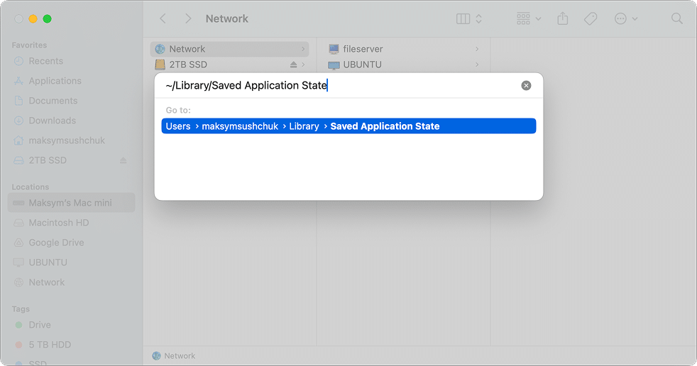 The Go to dialogue in Finder with the folder entered