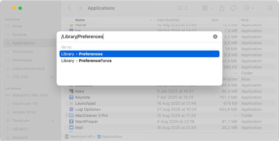the Go to folder dialogue in Finder with the folder typed in