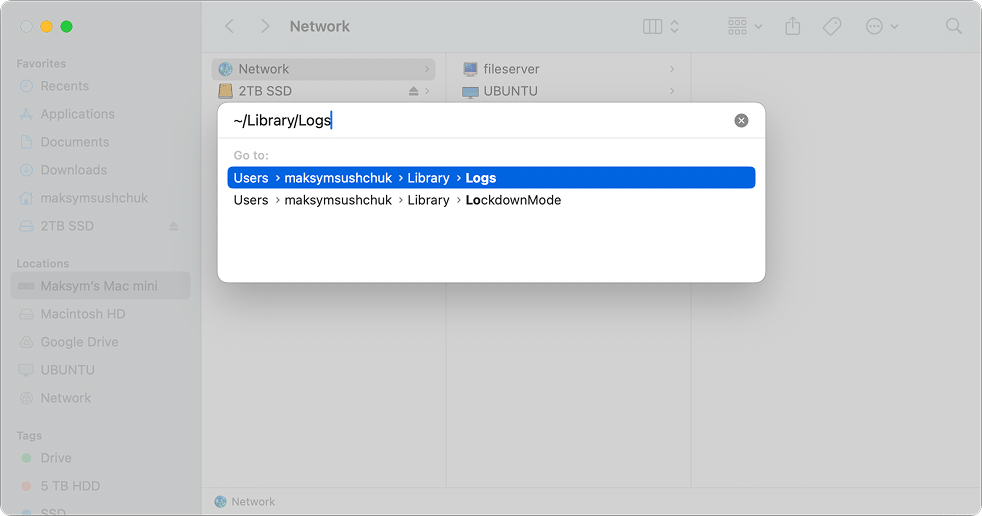 The Go to dialogue in Finder with several folders suggested