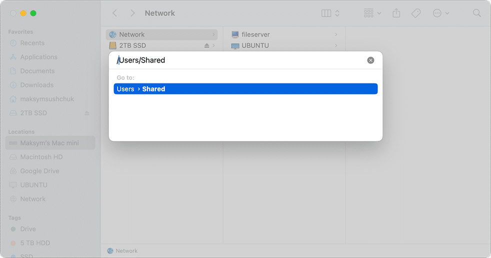 The Go to dialogue in Finder with a /Users/Shared destination typed in