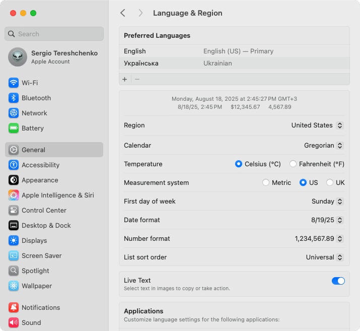Language & Region section in System Settings