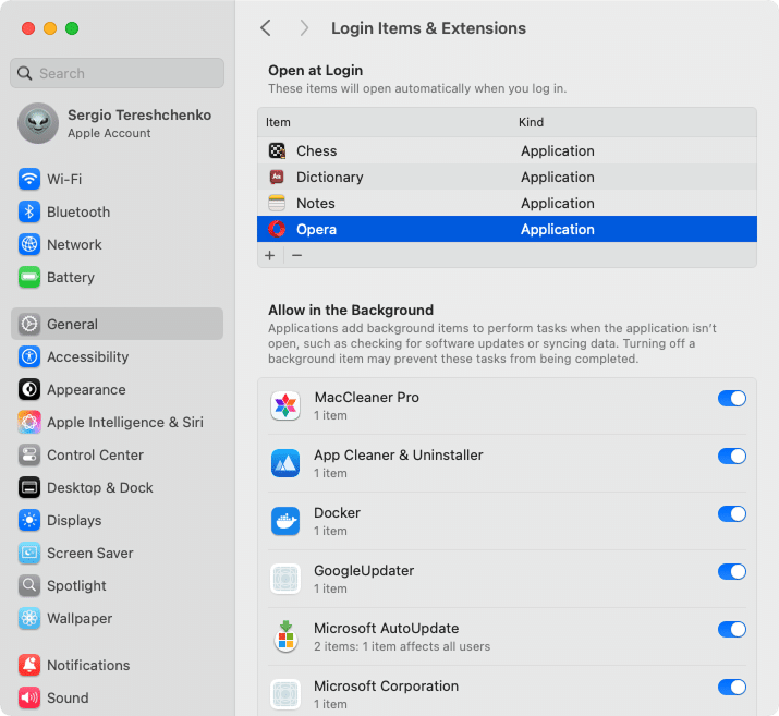 Login Items & Extensions window in System Settings