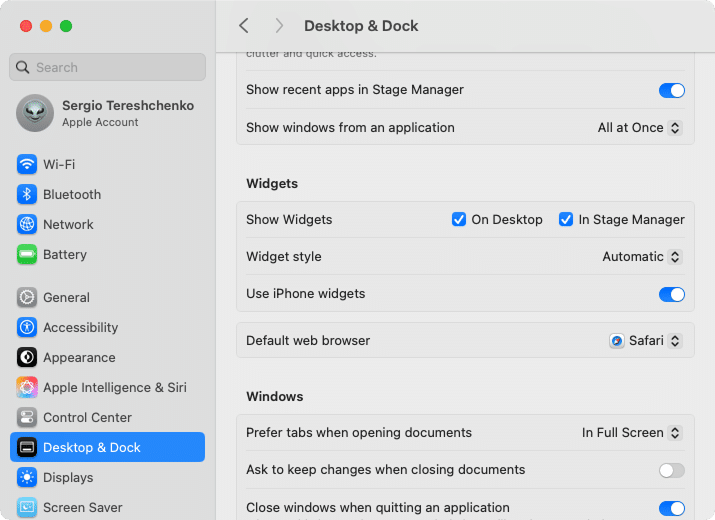 Default web browser option in System Settings