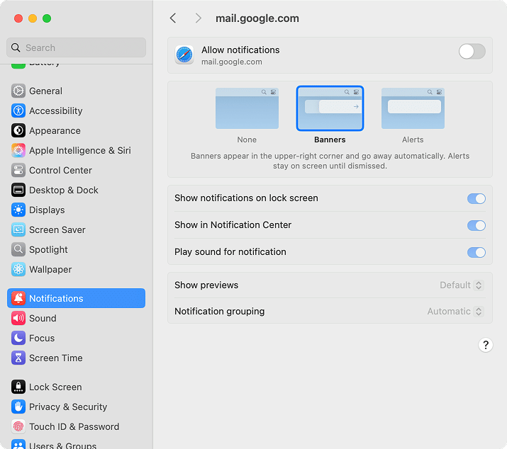 the app in the Notifications tab in System Settings