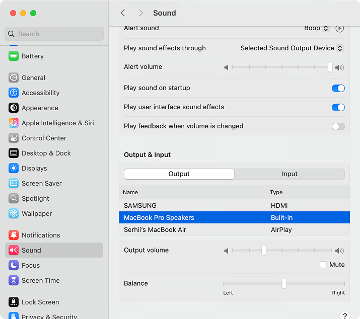 Sound tab in System Settings