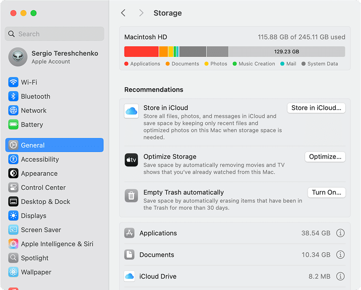 Storage tab in System Settings