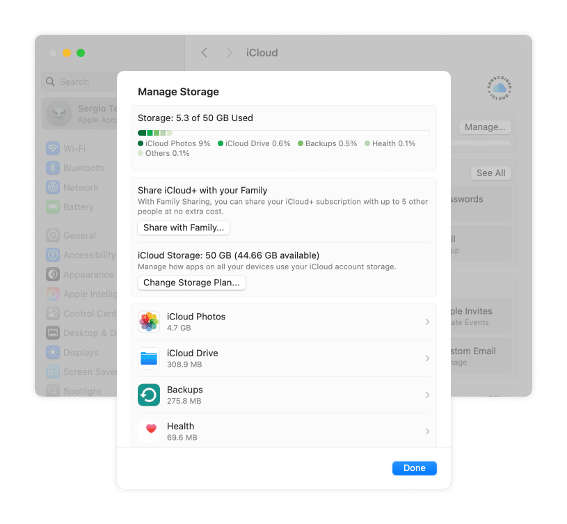 iCloud tab in System Settings