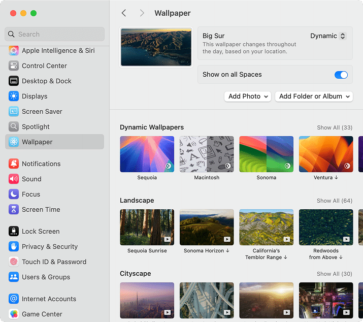 Wallpaper tab in System Settings