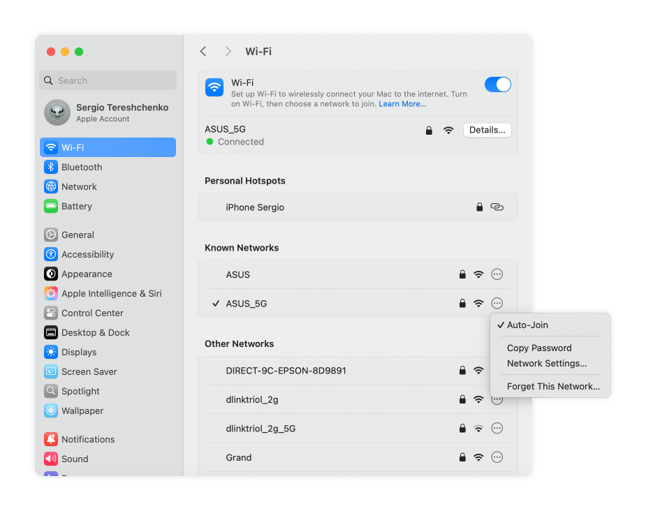 Wi-Fi tab in System Settings