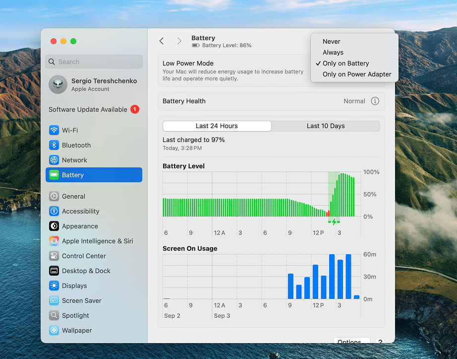 Battery tab in System Settings