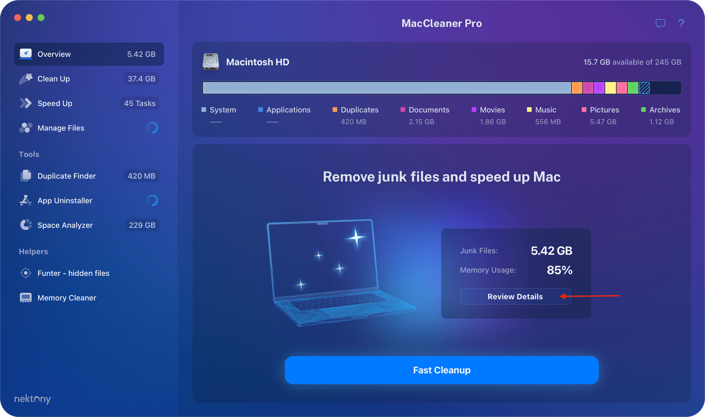 MacCleaner Pro showing the options in the fast cleanup mode