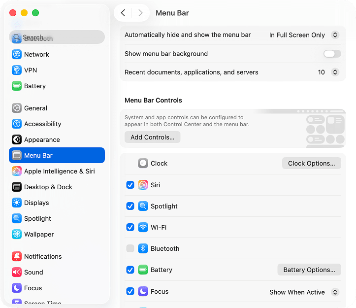 the Menu Bar options in System Settings of macOS Tahoe