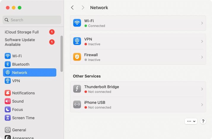Network settings window