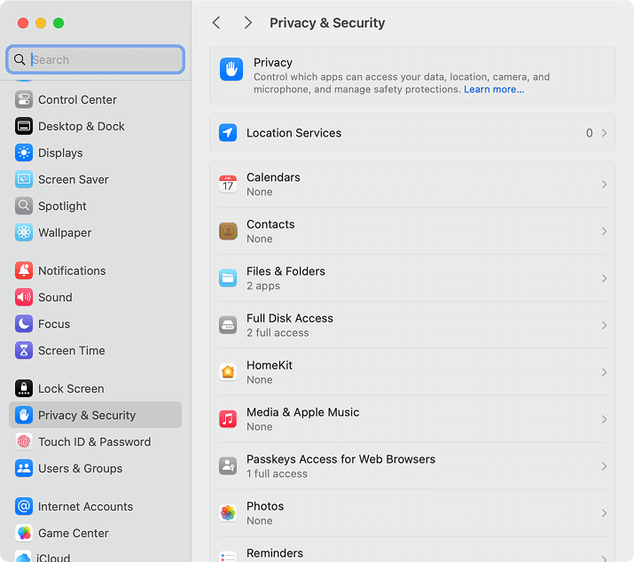 Privacy & Security tab in System Settings
