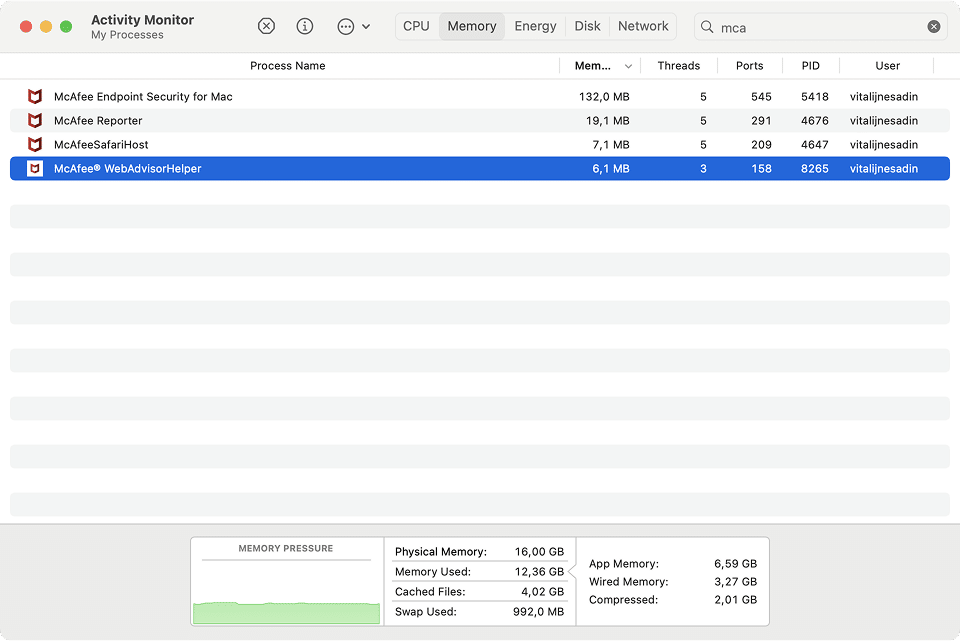 McAfee processes as seen in Activity Monitor
