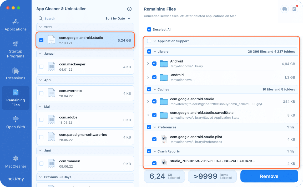 App Cleaner & Uninstaller showing leftovers of Android studio