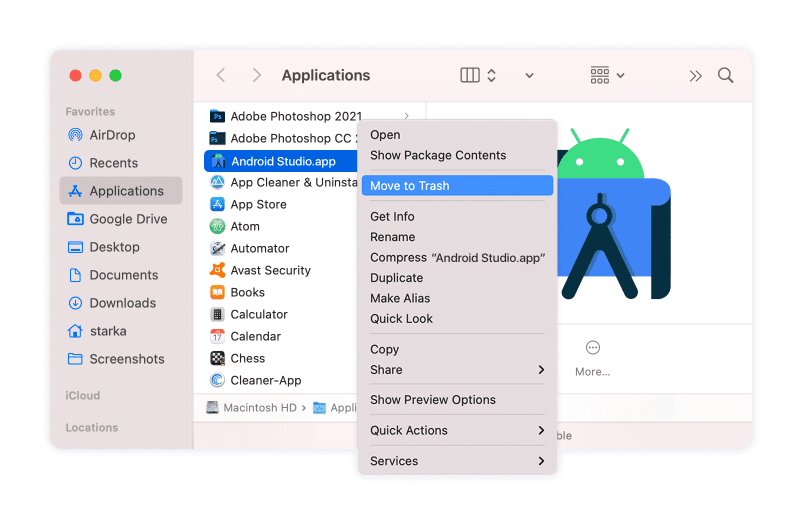 removing Android Studio from the Applications folder