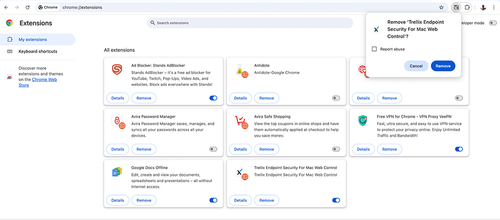 Removing Trellix Endpoint Secuity For Mac Web Control extension from Google Chrome
