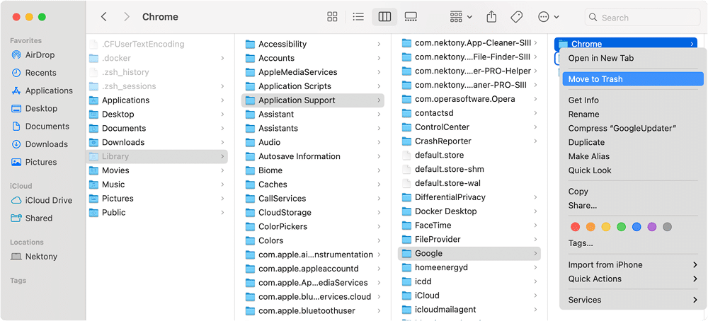 Google Chrome application support files in Finder