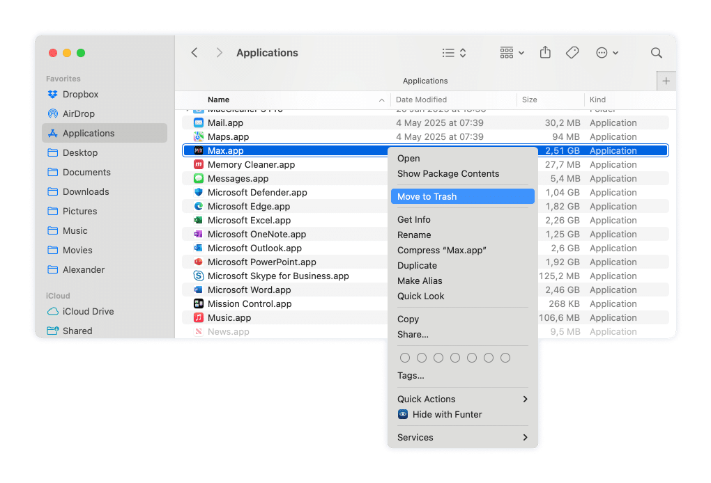 The Move to Trash option in Finder for the Max app