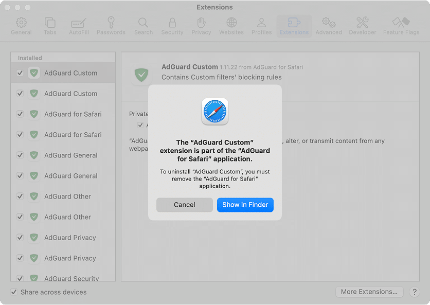 Safari alert saying the extension is part of another application