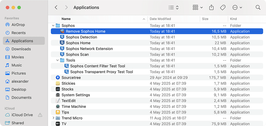 the Remove Sophos Home application in Finder