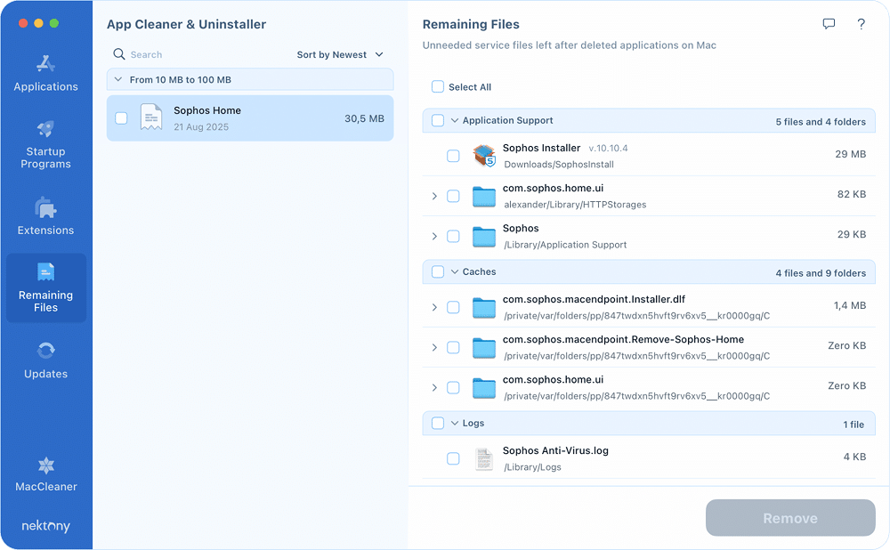 Files found after Sophos Home application removal